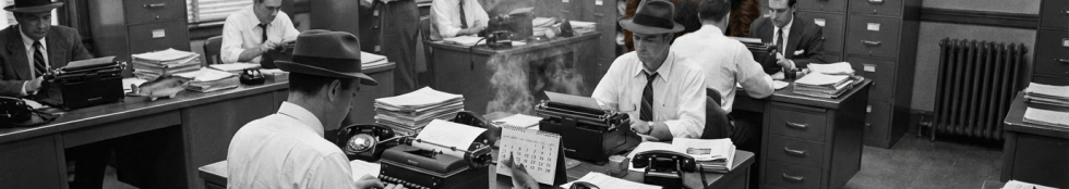 Men in fedoras at typewriters in a vintage newsroom with fish in unusual places.
