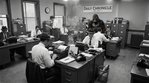 Men in fedoras at typewriters in a vintage newsroom with fish in unusual places.