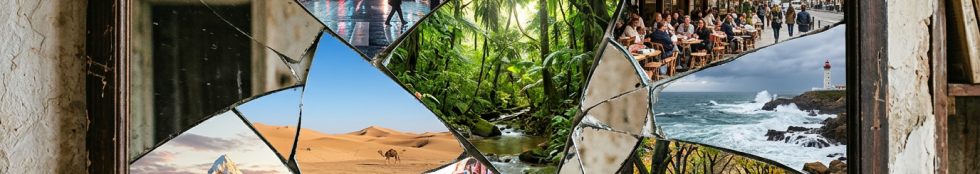 Broken mirror fragments showing city street at night, mountain, desert with camel, tropical forest, market street, autumn forest path, Paris cafe with Eiffel Tower, coastal lighthouse