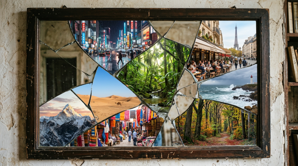 Broken mirror fragments showing city street at night, mountain, desert with camel, tropical forest, market street, autumn forest path, Paris cafe with Eiffel Tower, coastal lighthouse