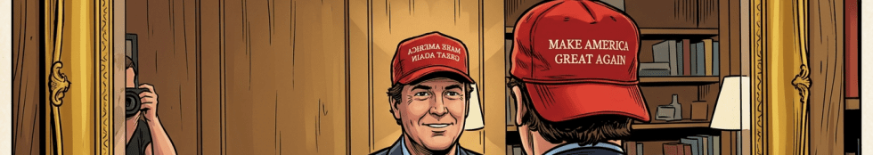 Man wearing a red 'Make America Great Again' cap in a library setting