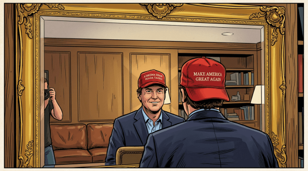 Man wearing a red 'Make America Great Again' cap in a library setting