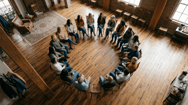 Diverse group of people sitting on wooden chairs in a circle in a room with wooden floors