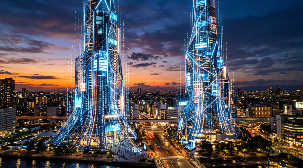 Two tall skyscrapers with digital data patterns glowing on their surfaces at dusk in a cityscape
