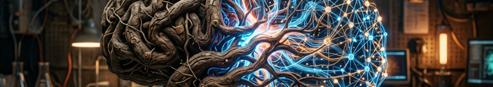 Hybrid brain model with organic roots and glowing digital network