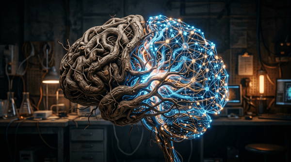 Hybrid brain model with organic roots and glowing digital network