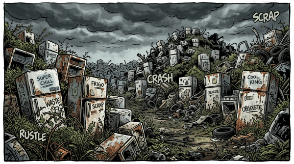 Rusty discarded refrigerators and appliances scattered in a junkyard with overgrown vegetation and cloudy sky