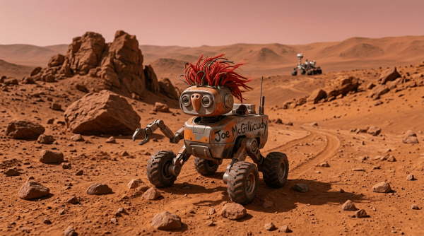 Mars rover with four wheels and red wiry appendages on a rocky reddish terrain.