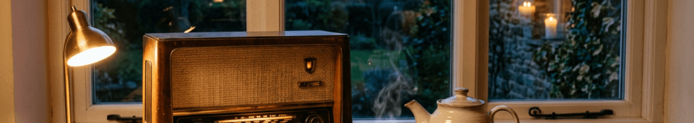 Vintage radio, open book, steaming cup of tea with teapot and cookies on wooden table