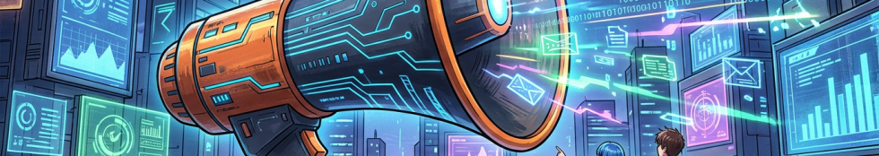 Futuristic megaphone broadcasting data across a neon cityscape