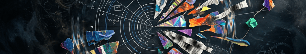 Colorful paper fragments radiating from scientific diagrams against a dark cosmic background