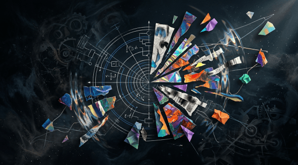 Colorful paper fragments radiating from scientific diagrams against a dark cosmic background
